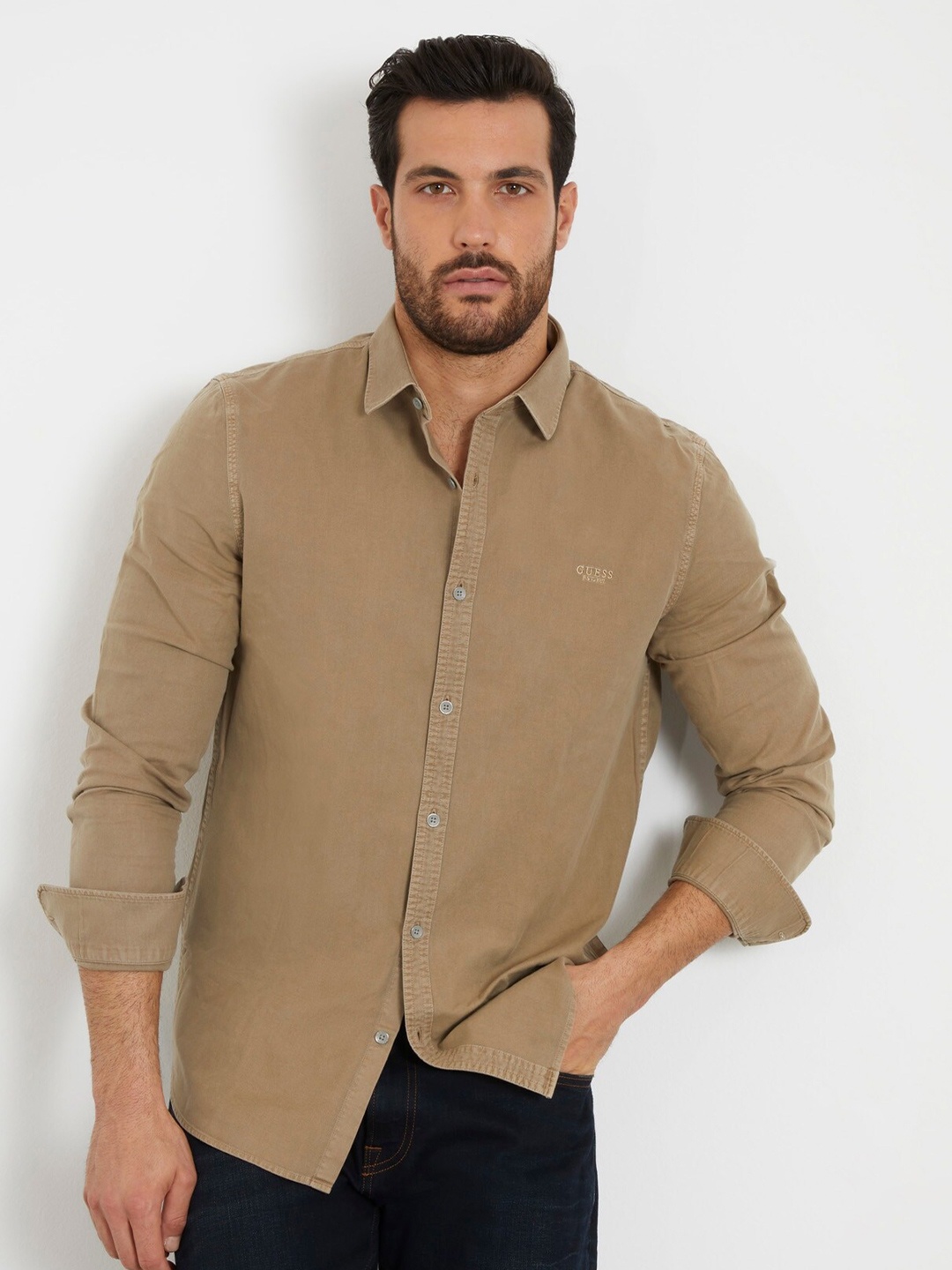 

GUESS Spread Collar Casual Shirt, Beige