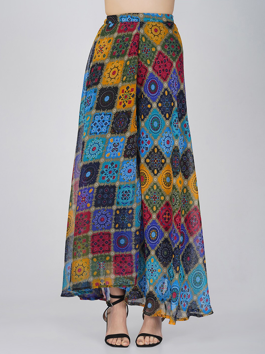 

KALINI Ethnic Motifs Printed Flared Georgette Palazzo, Blue