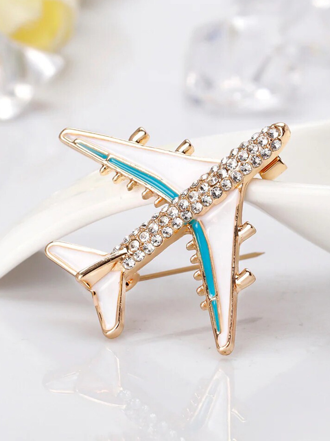

SYGA Women Crystal Rhinestone Studded Aircraft Pin Brooch, White
