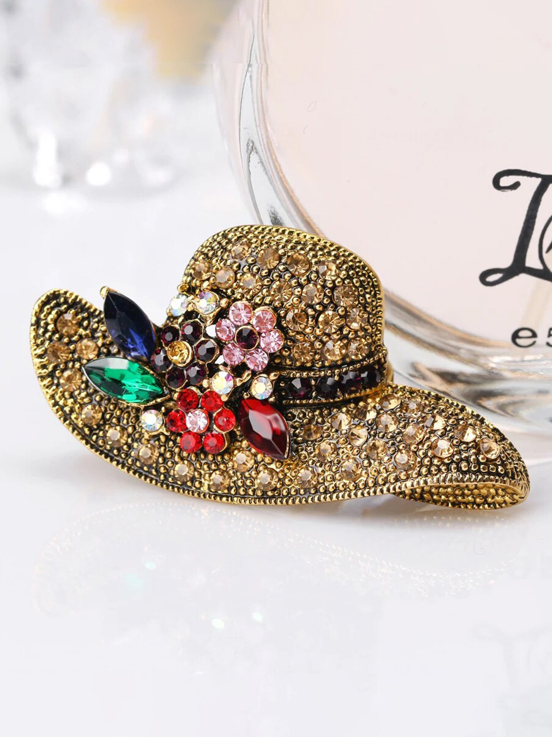 

SYGA Women Crystal Rhinestone Studded Sun Hat Pin Brooch, Gold