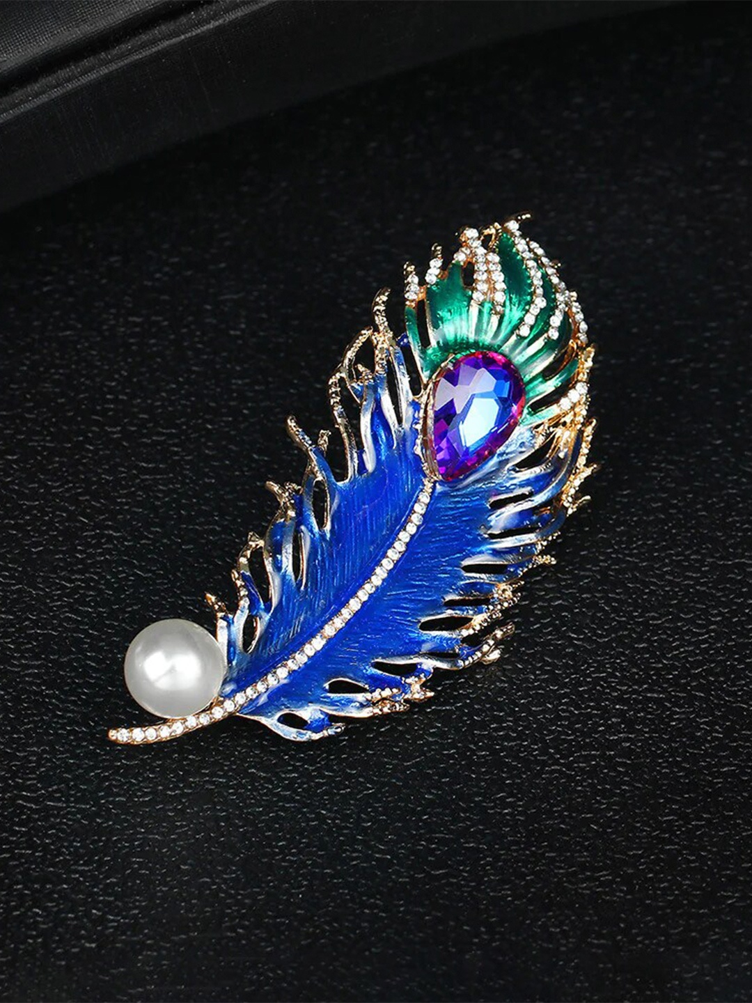 

SYGA Women Crystal Rhinestone Studded Peacock Feather Pin Brooch, Gold
