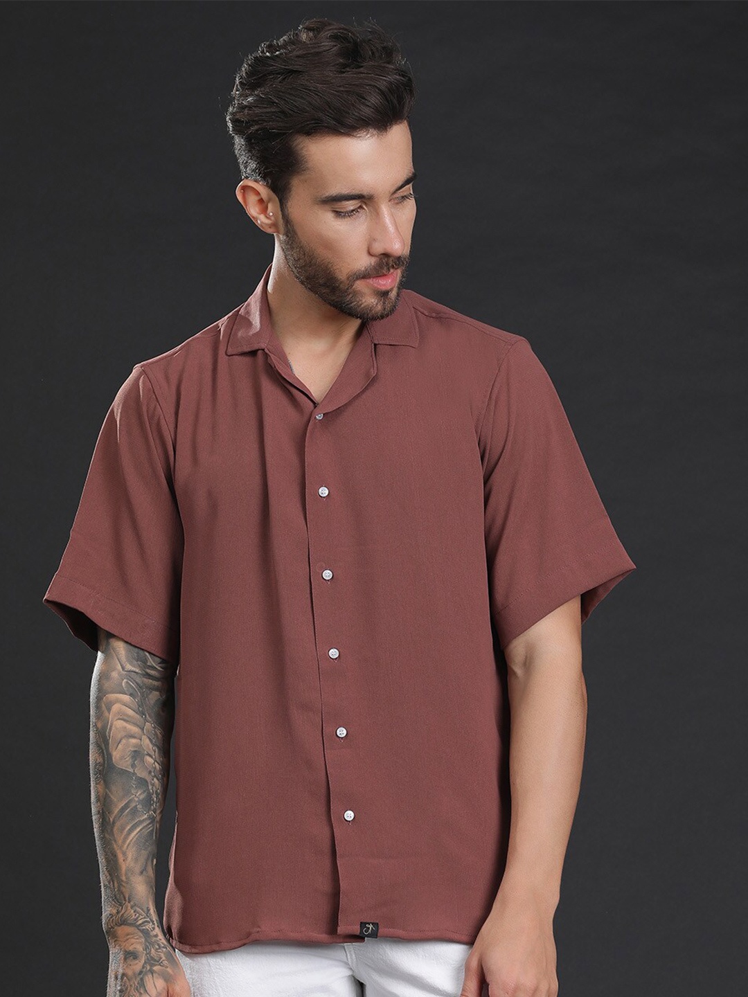 

JAVINISHKA Unisex Oversized Cuban Collar Casual Shirt, Rust