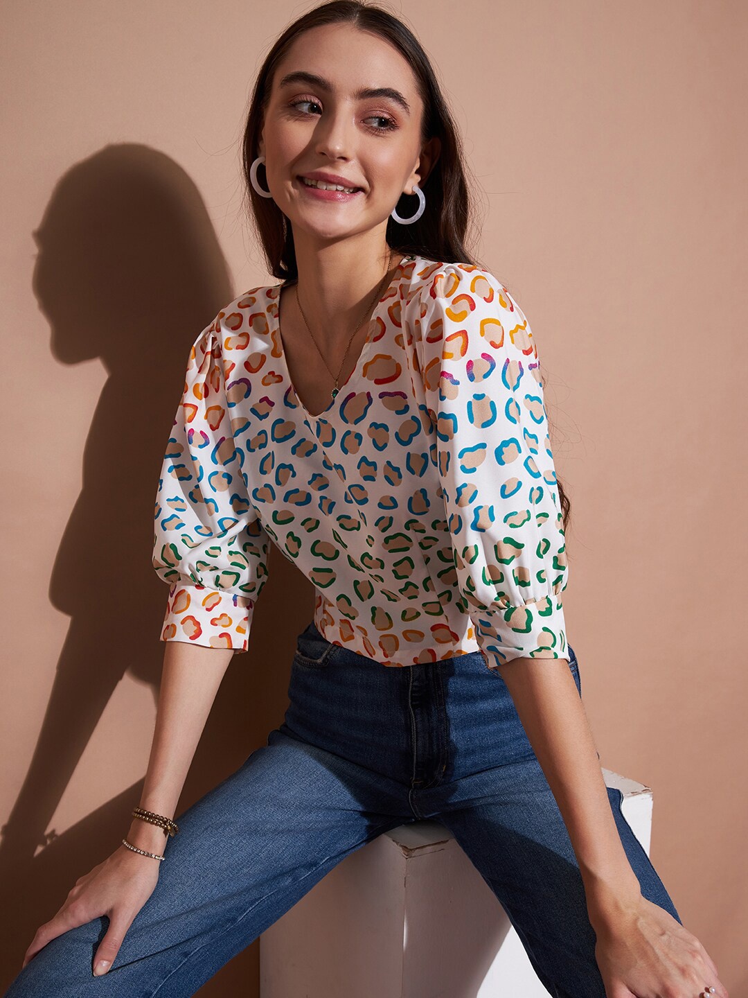 

DressBerry Animal Printed Puff Sleeve Crepe Crop Top, White