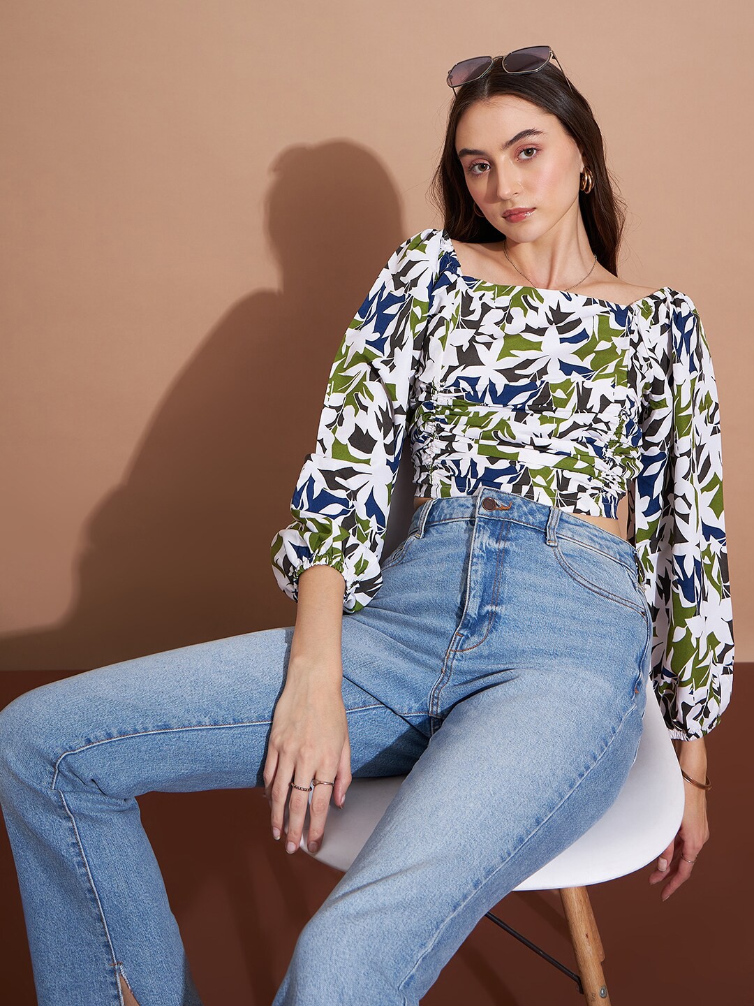

DressBerry Floral Printed Puff Sleeves Crepe Top, White