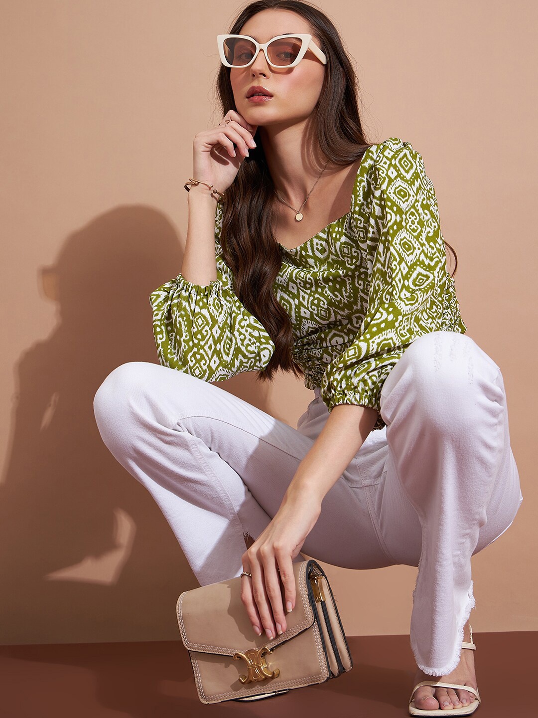 

DressBerry Ethnic Motifs Printed Puff Sleeve Crepe Top, Green