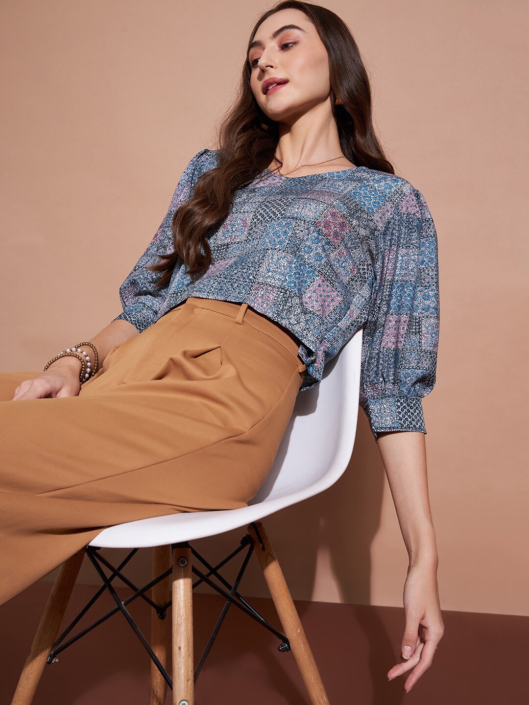 

DressBerry Floral Printed Puff Sleeves Crop Top, Grey