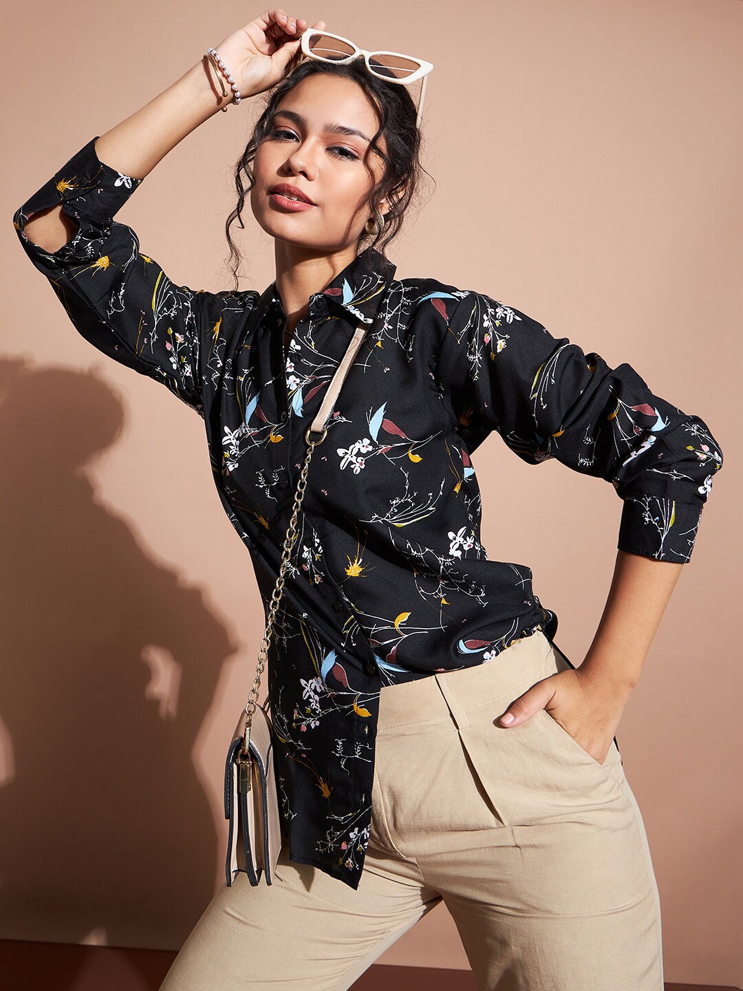

DressBerry Classic Floral Printed High Low Shirt, Black