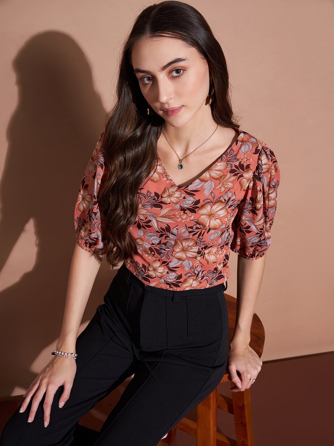 

DressBerry Floral Printed V Neck Chiffon Crop Top, Rust