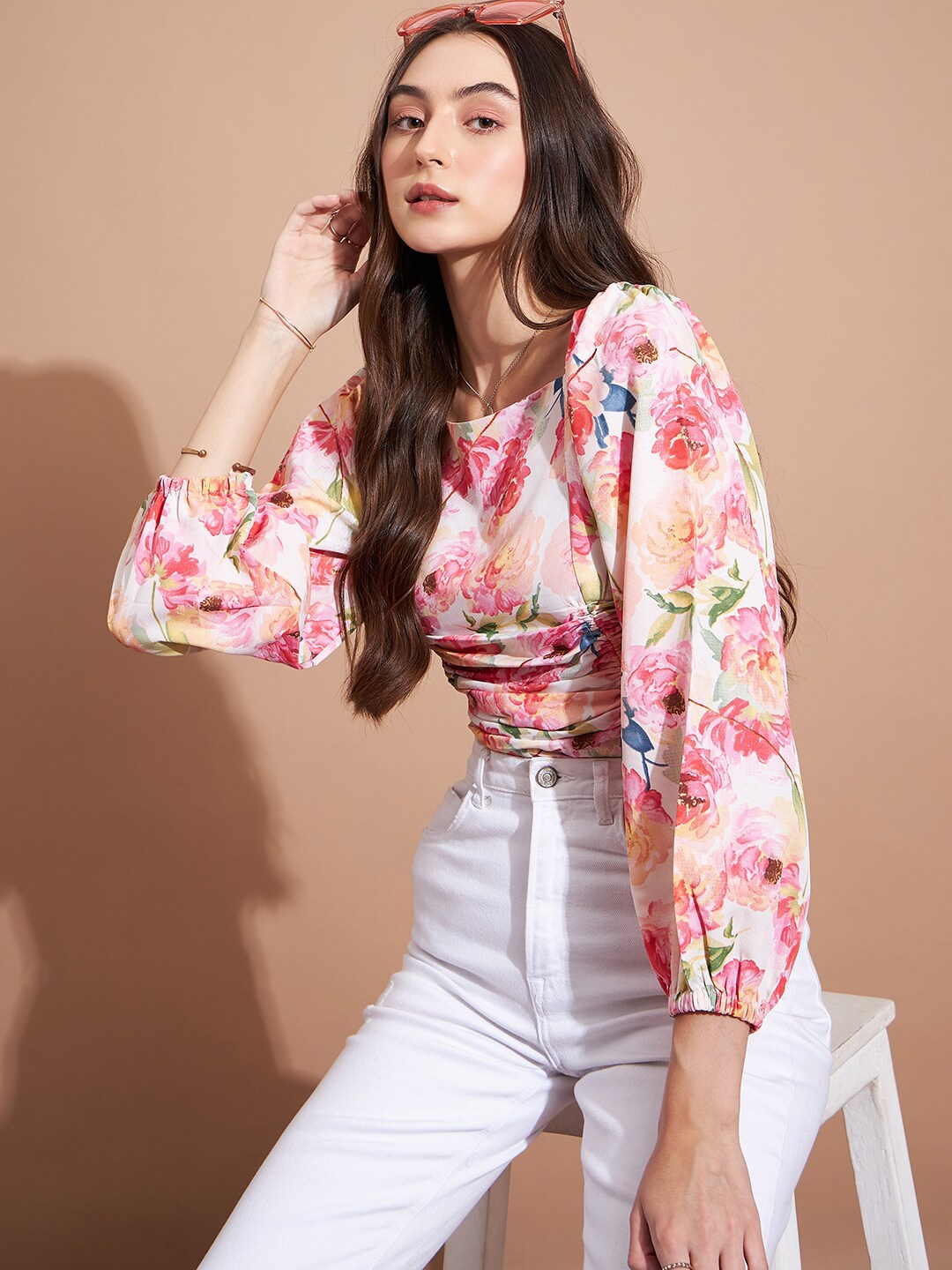 

DressBerry Floral Printed Crepe Fitted Crop Top, White