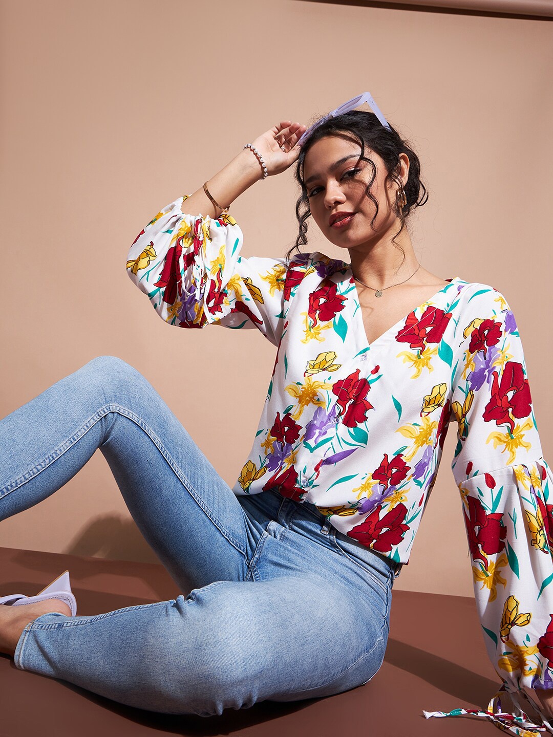 

DressBerry Floral Printed Crepe Shirt Style Top, White