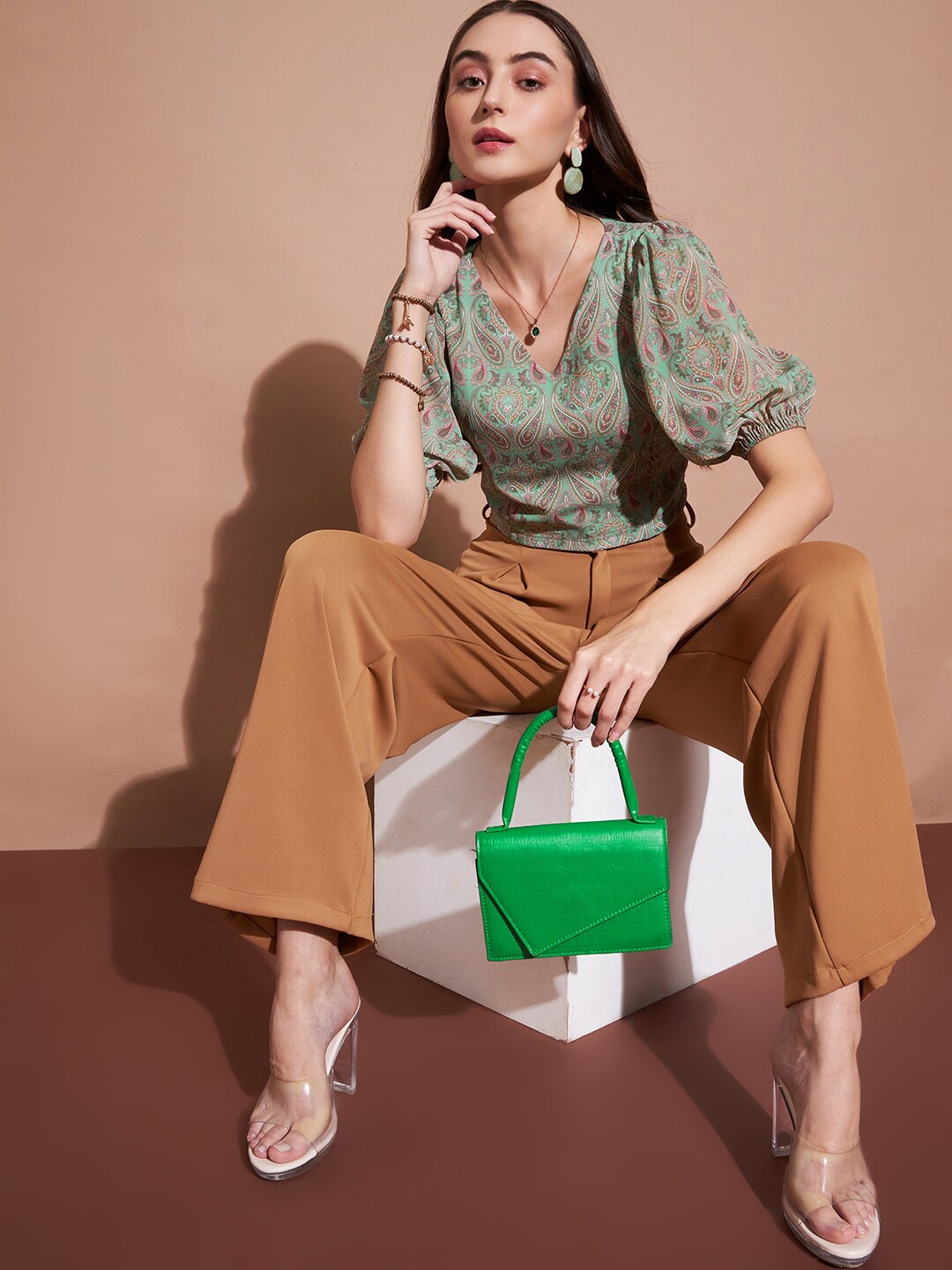 

DressBerry Floral Print Puff Sleeve Chiffon Crop Top, Green
