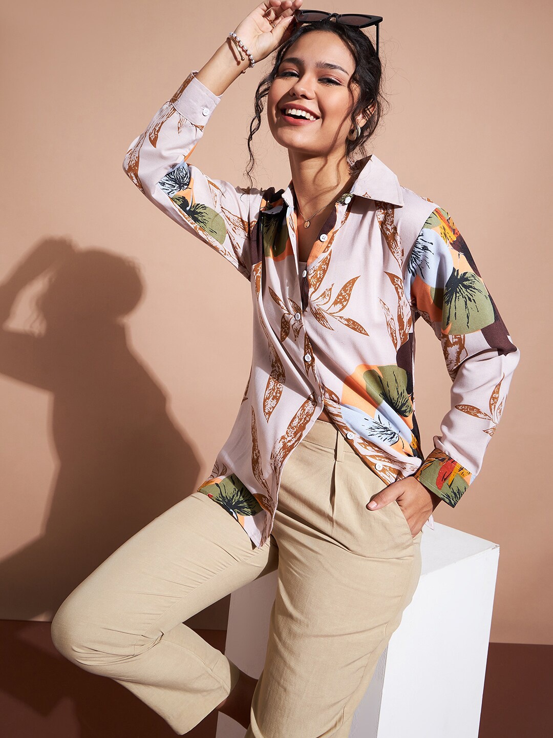 

DressBerry Classic Floral Printed High Low Casual Shirt, Beige