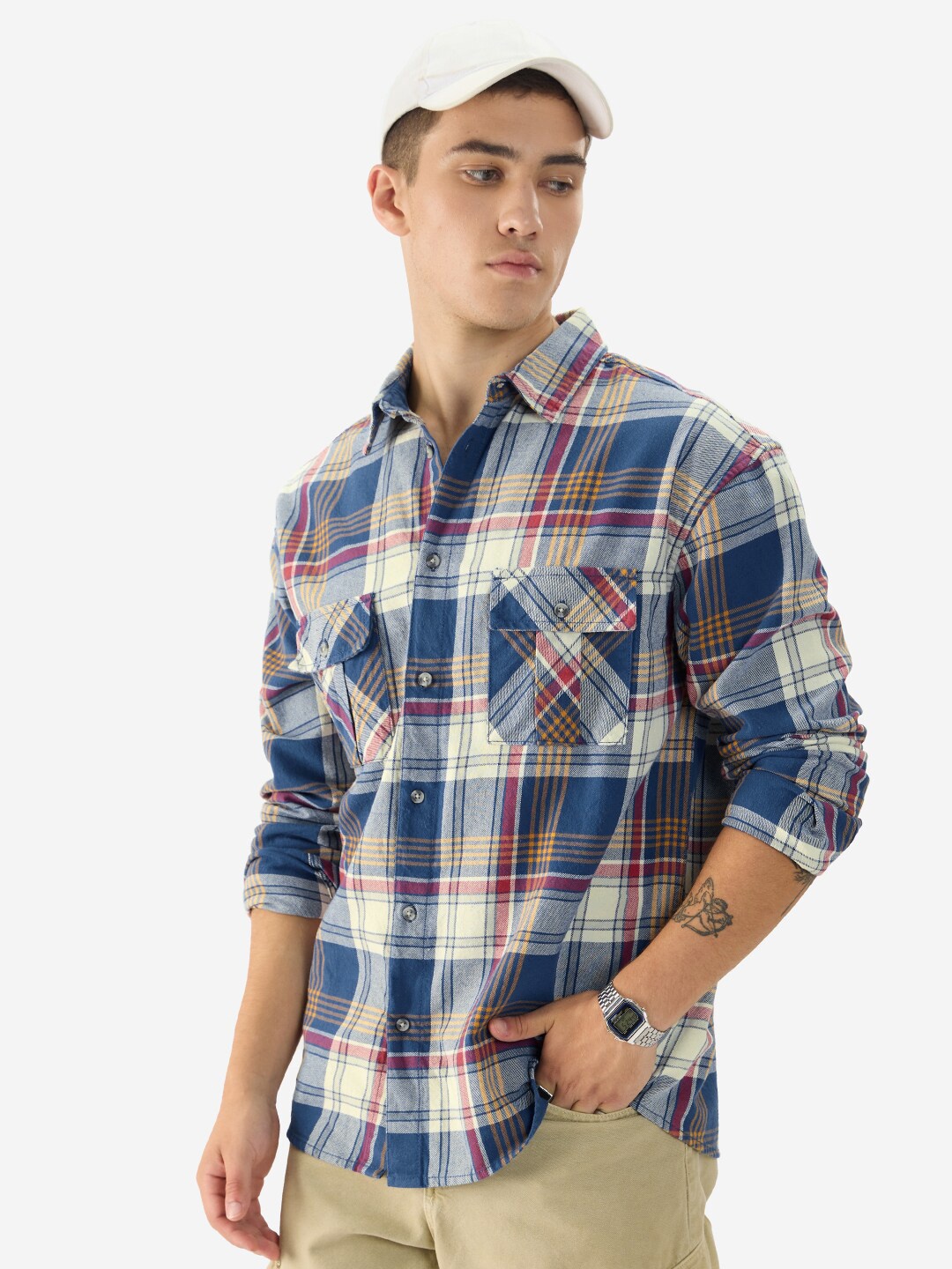

The Souled Store Blue Tartan Checked Spread Collar Pure Cotton Casual Shirt