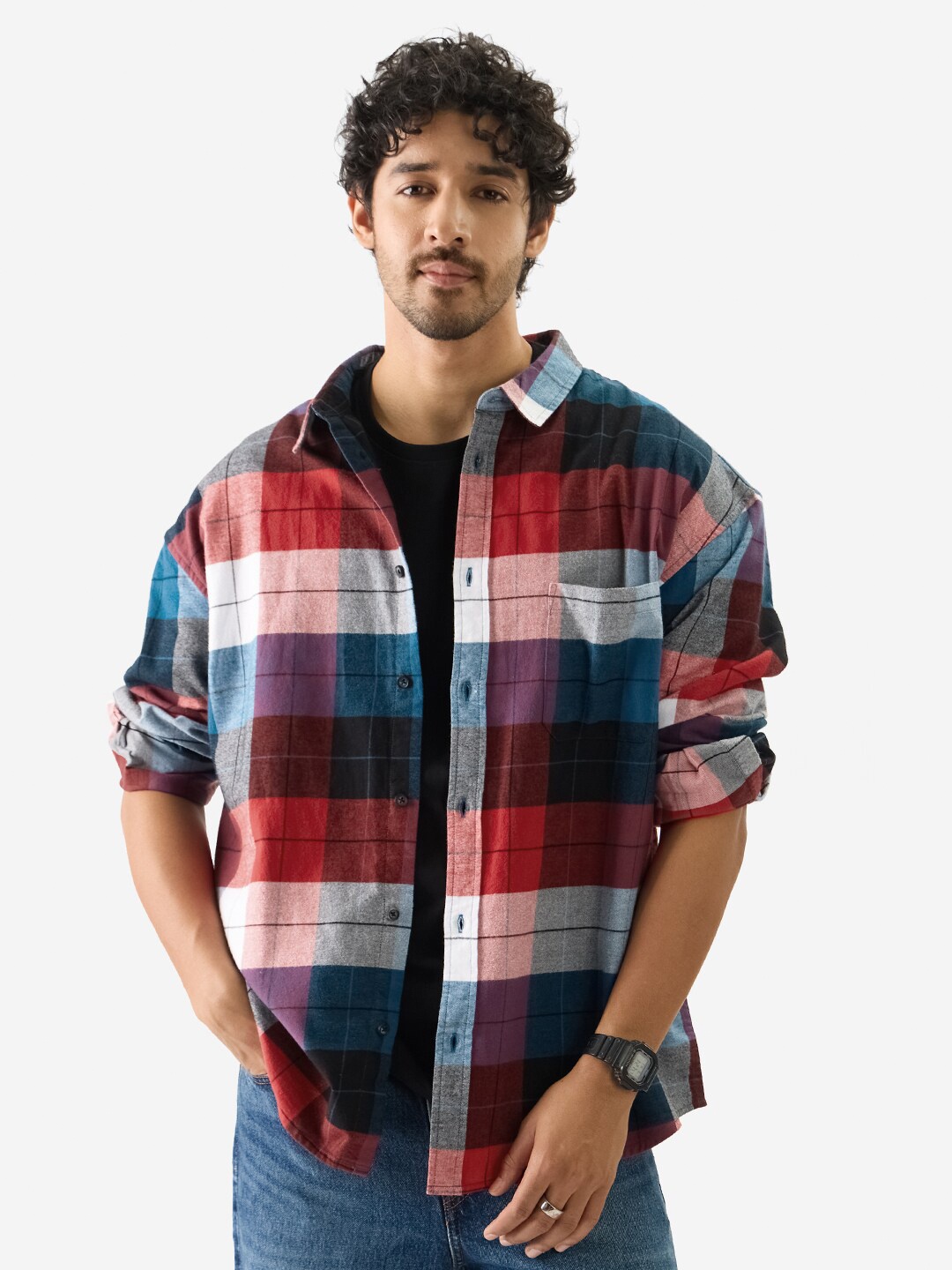 

The Souled Store Black Tartan Checked Spread Collar Pure Cotton Casual Shacket