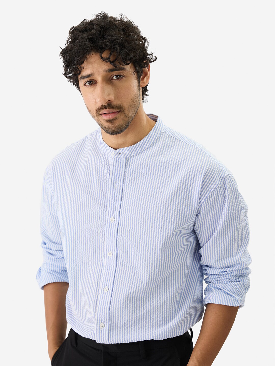 

The Souled Store Blue Vertical Striped Band Collar Pure Cotton Casual Shirt