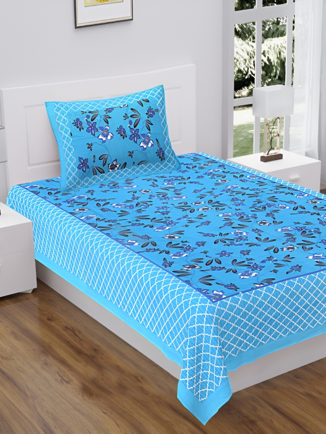 

UNIBLISS Blue Floral Printed 144 TC Cotton Single Bedsheet with 1 Pillow Cover