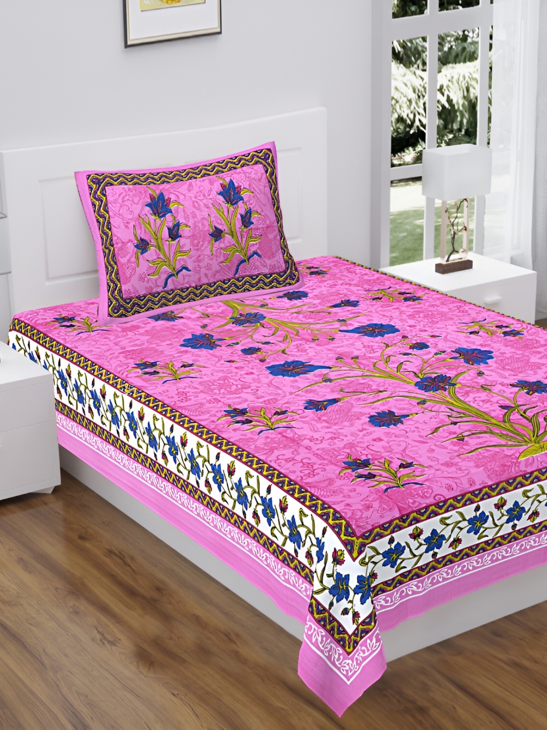 

UNIBLISS Pink Floral Printed 144 TC Cotton Single Bedsheet with 1 Pillow Cover