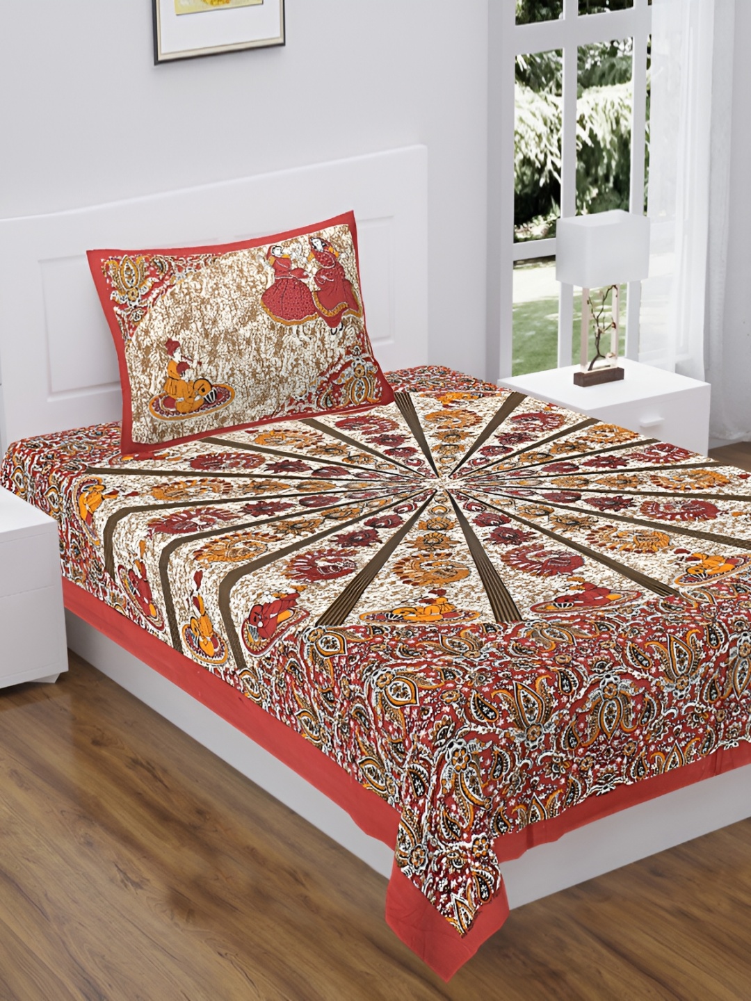 

UNIBLISS Maroon Ethnic Motifs Printed 144 TC Cotton Single Bedsheet with 1 Pillow Cover