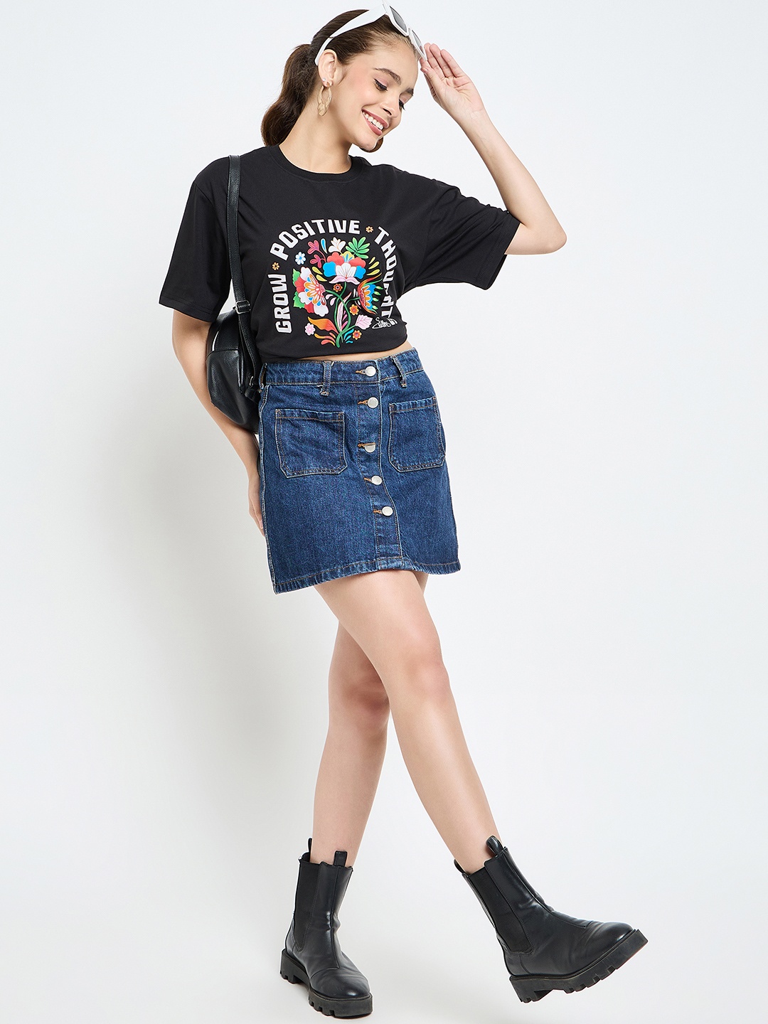 Skidlers Typography Printed Round Neck Pure Cotton Oversized T-shirt, Black
