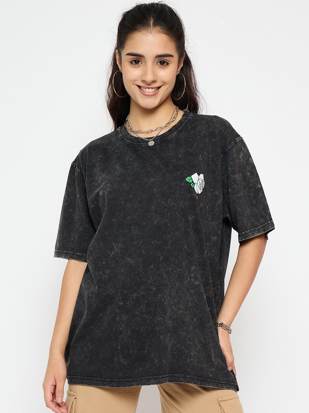 

Skidlers Floral Printed Round Neck Pure Cotton Oversized T-shirt, Black