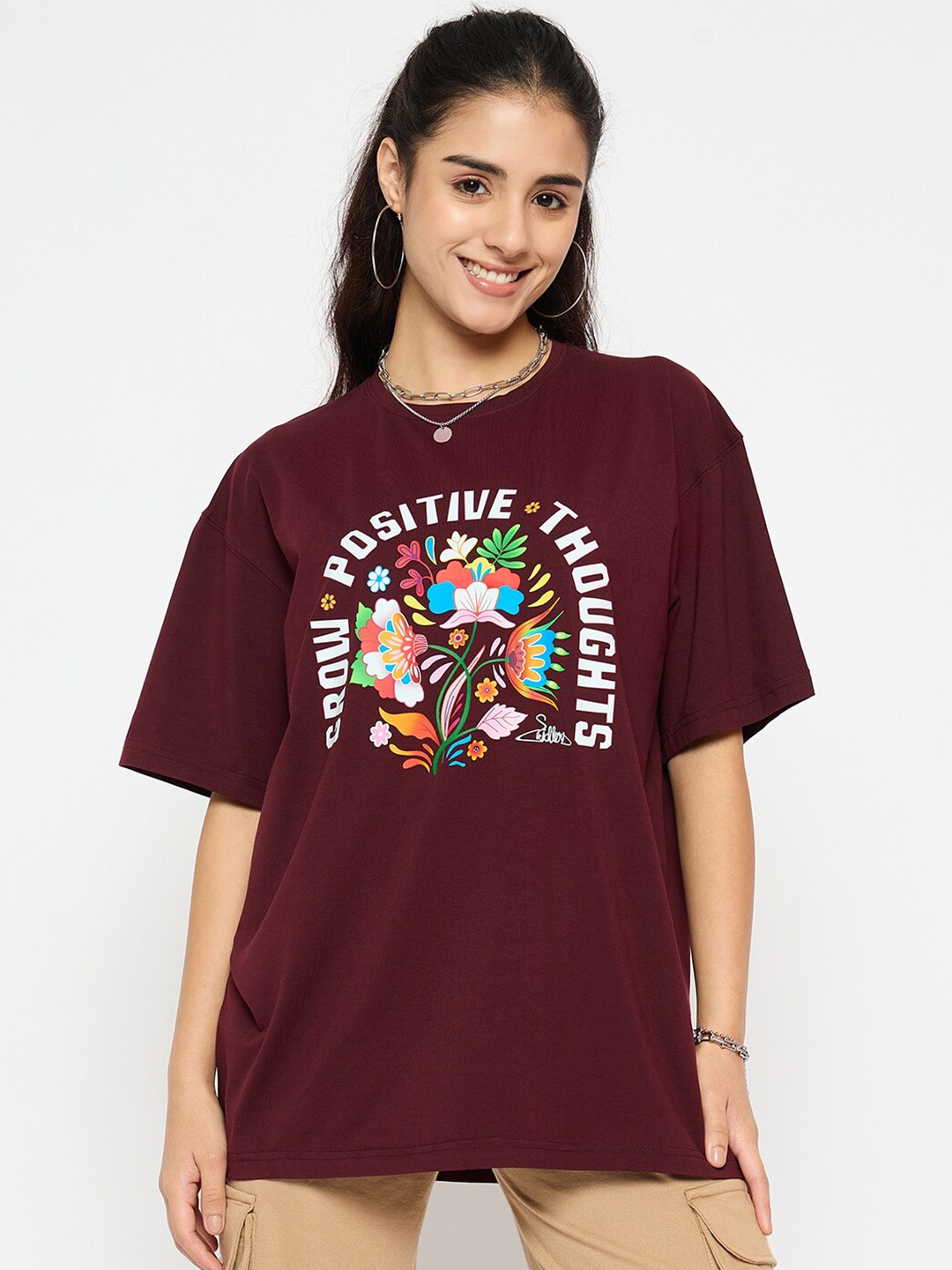 

Skidlers Typography Printed Round Neck Pure Cotton Oversized T-shirt, Burgundy