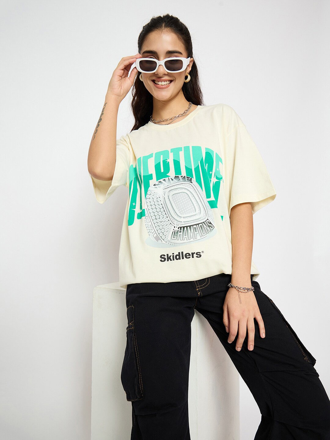 

Skidlers Typography Printed Round Neck Pure Cotton Regular T-shirt, Cream