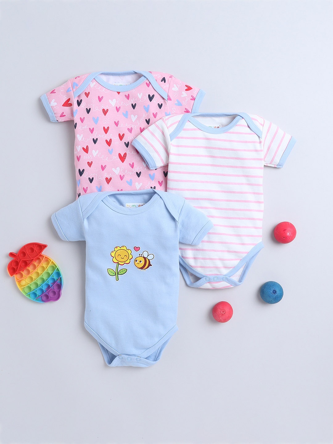 

BUMZEE New Infant Girls Pack Of 3 Printed Pure Cotton Bodysuits, Blue