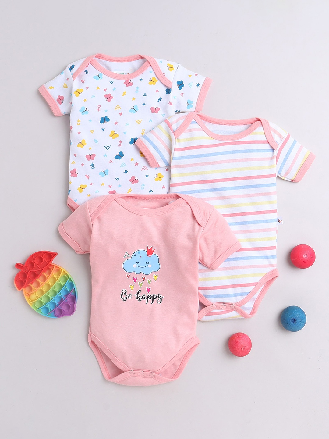 

BUMZEE Infant Girls Pack Of 3 Printed Cotton Bodysuit, Peach
