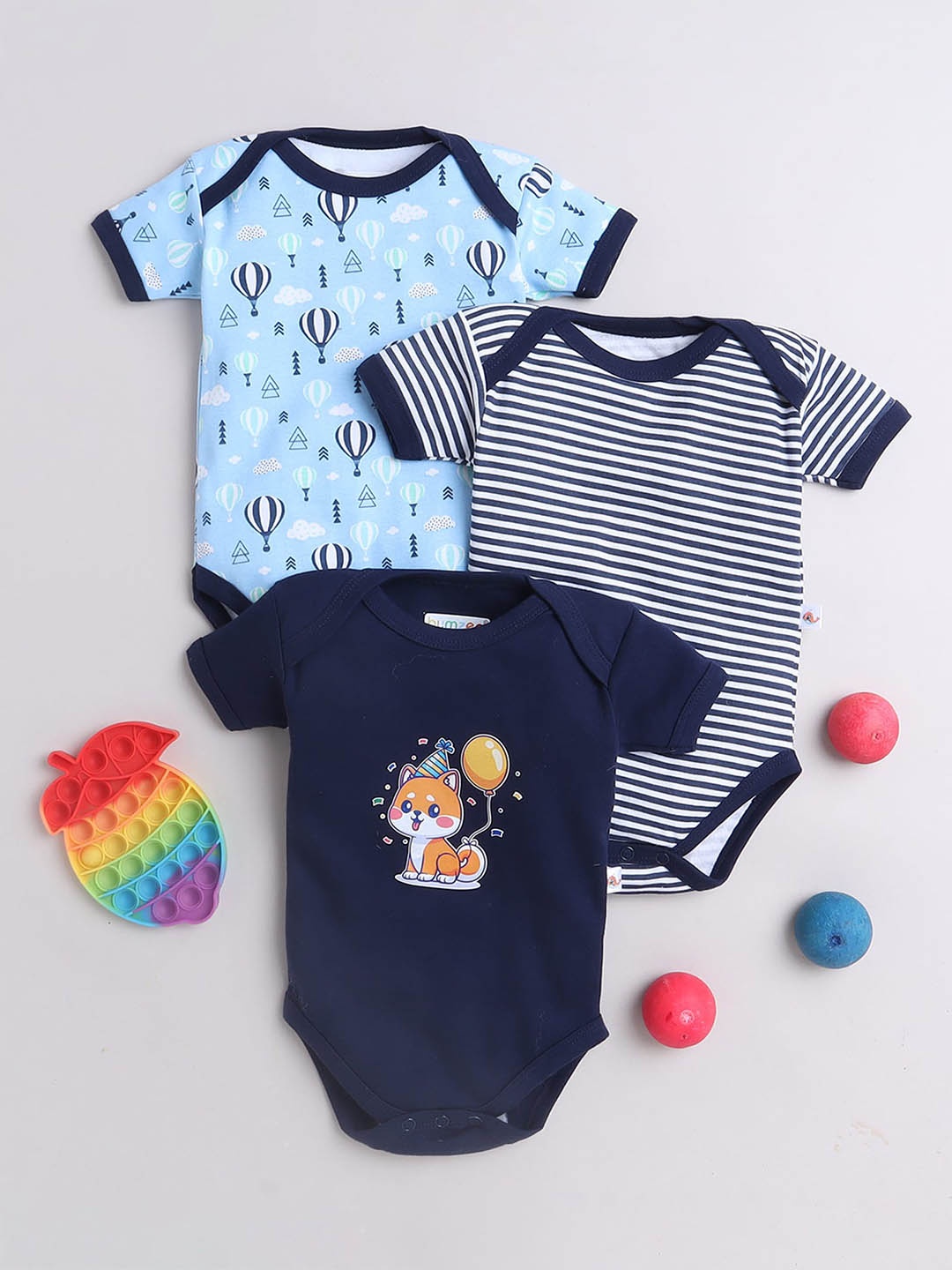 

BUMZEE New Infants Boys 3-Pcs Printed Half Sleeves Cotton Bodysuit, Navy blue