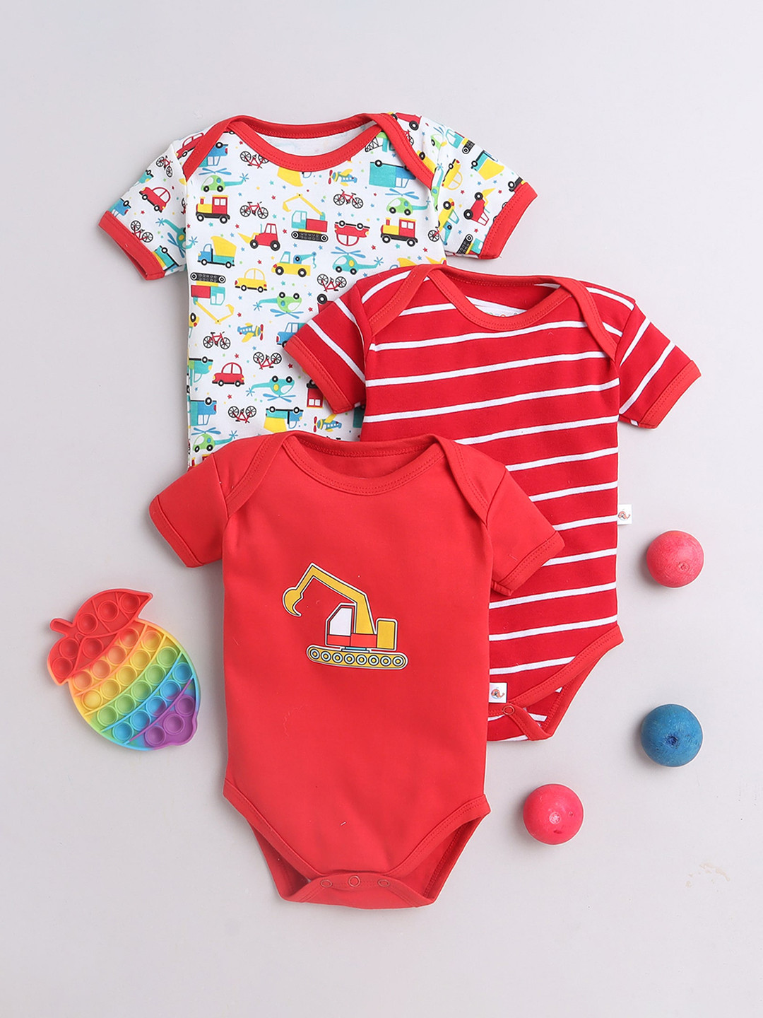 

BUMZEE New Infant Boys Pack Of 3 Printed Cotton Bodysuit, Red