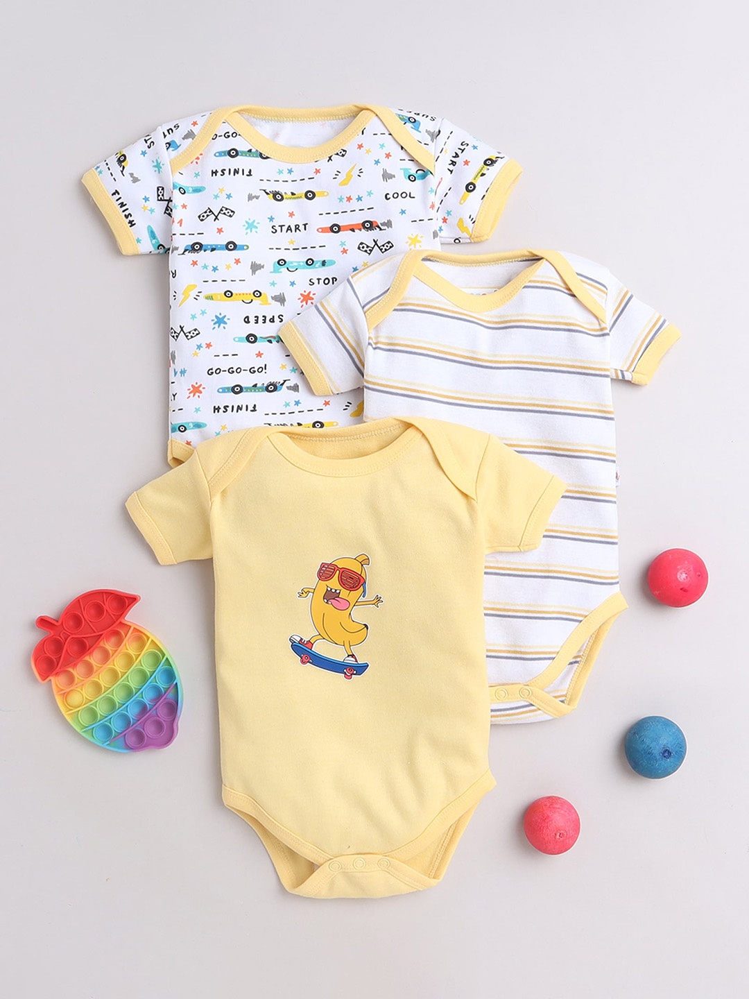 

BUMZEE Infant Girls Pack Of 3 Printed Cotton Bodysuit, Yellow