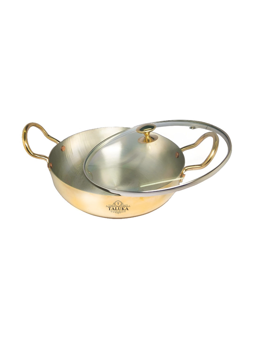 

Taluka Beige & Transparent Brass Kadhai with Glass Lid, Gold