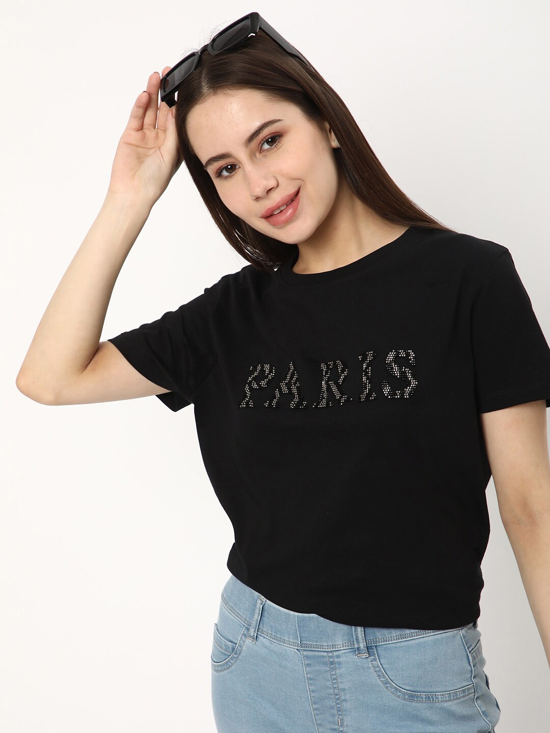 

R&B Round Neck Typography Printed Cotton Regular Fit T-shirt, Black