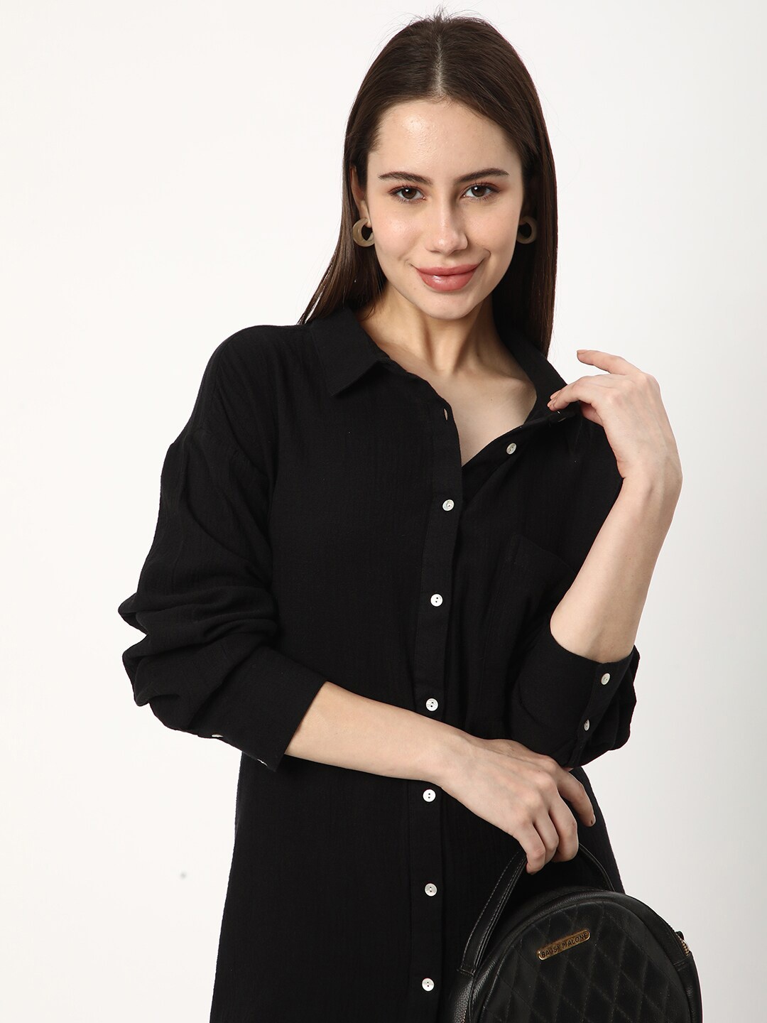 

R&B Textured Cotton Shirt Collar Tunic, Black