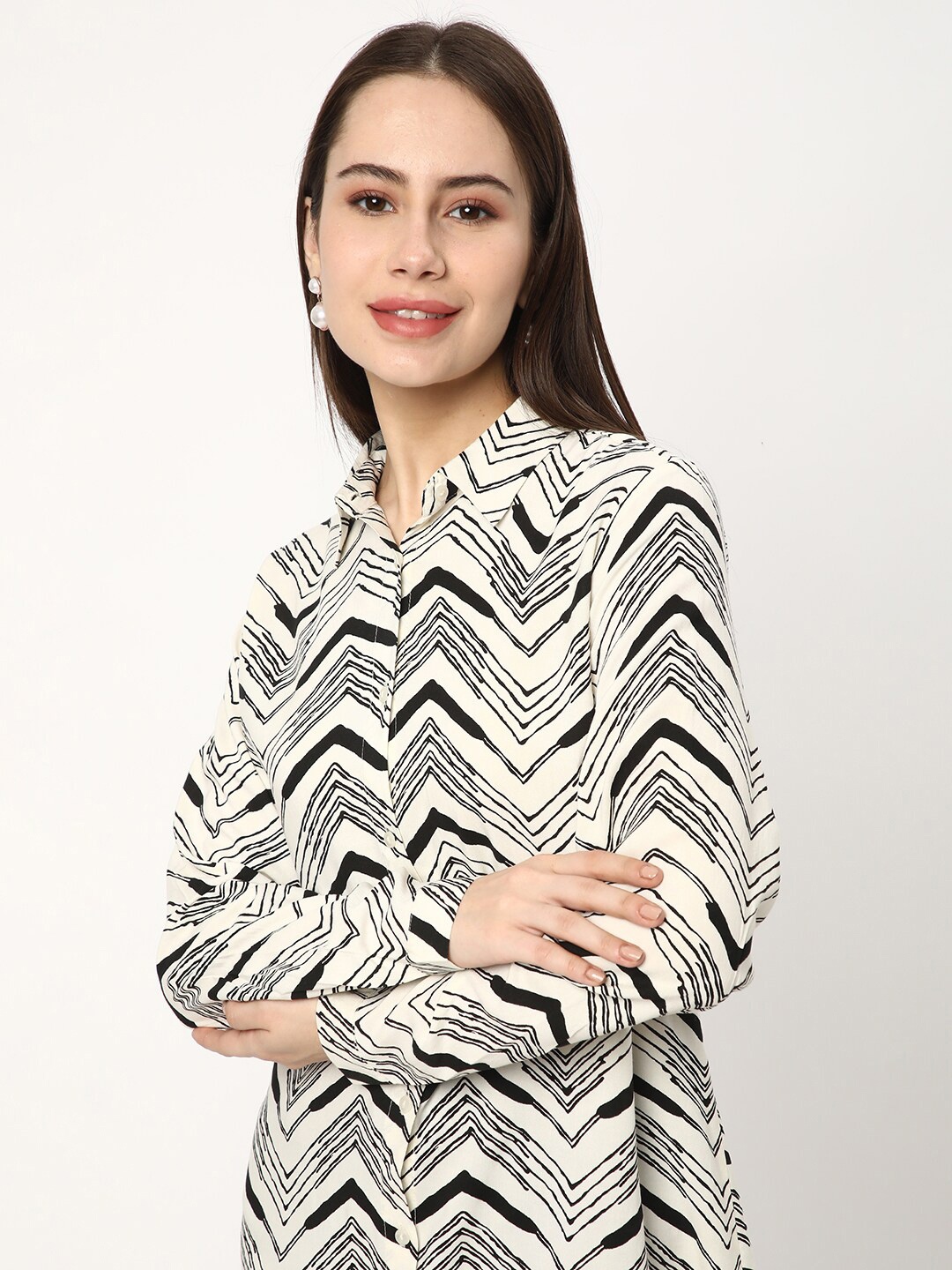 

R&B Shirt Collar Printed Tunic, Beige