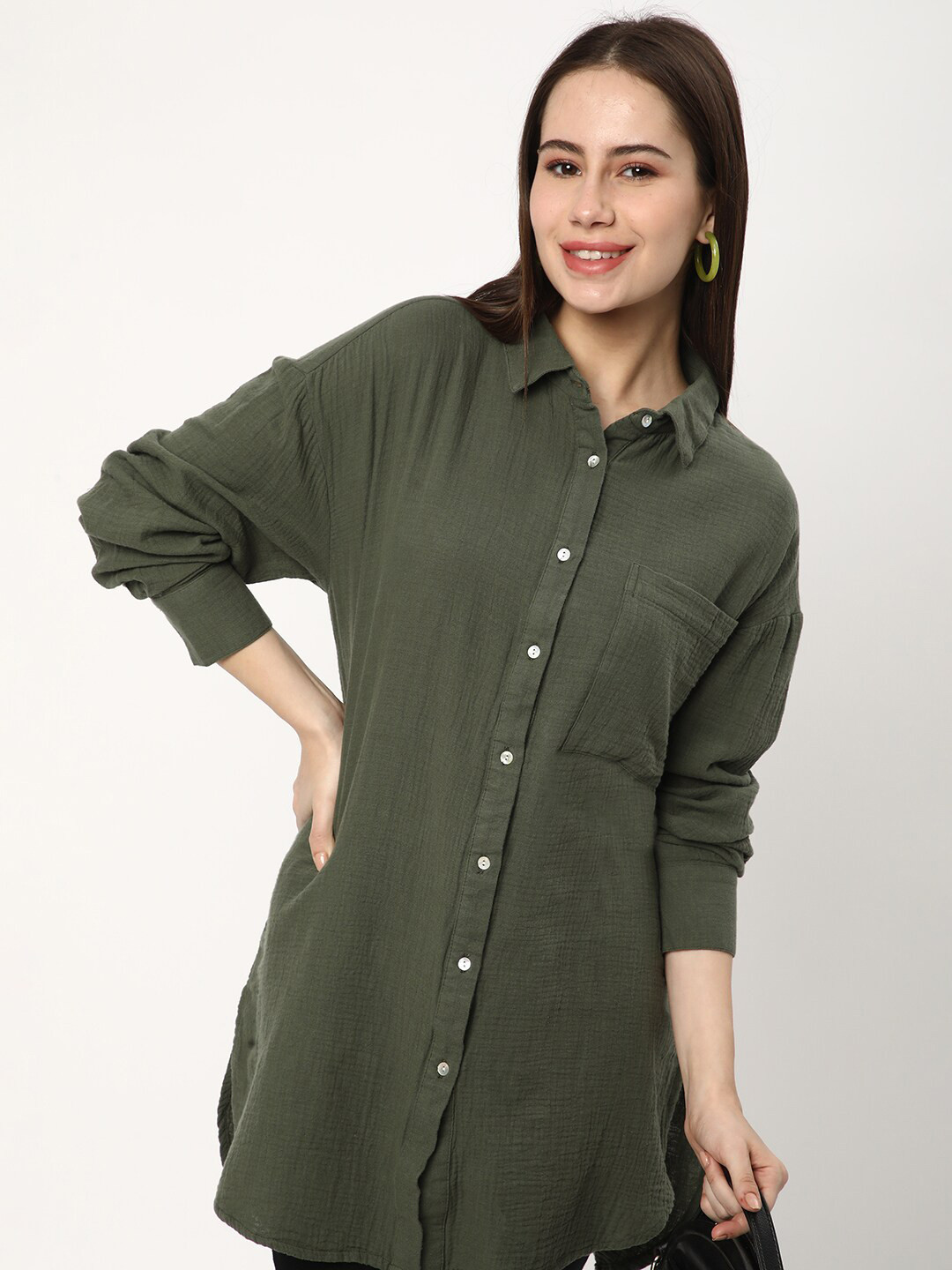 

R&B Spread Collar Cotton Regular Fit Shirt, Olive