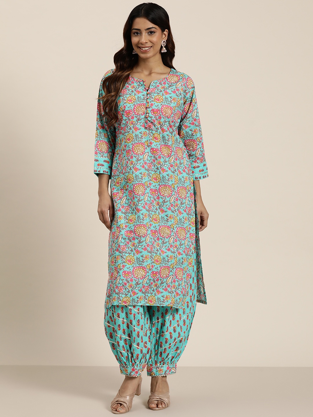 

HERE&NOW Floral Printed Gotta Patti Pure Cotton Kurta with Salwar, Turquoise blue