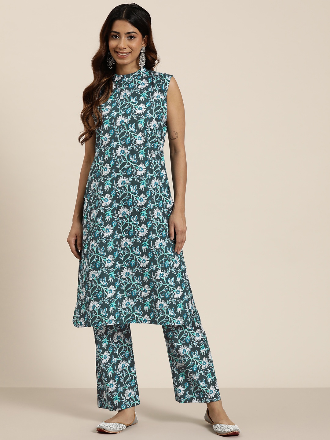 

HERE&NOW Floral Printed Pure Cotton Kurta with Palazzos, Blue