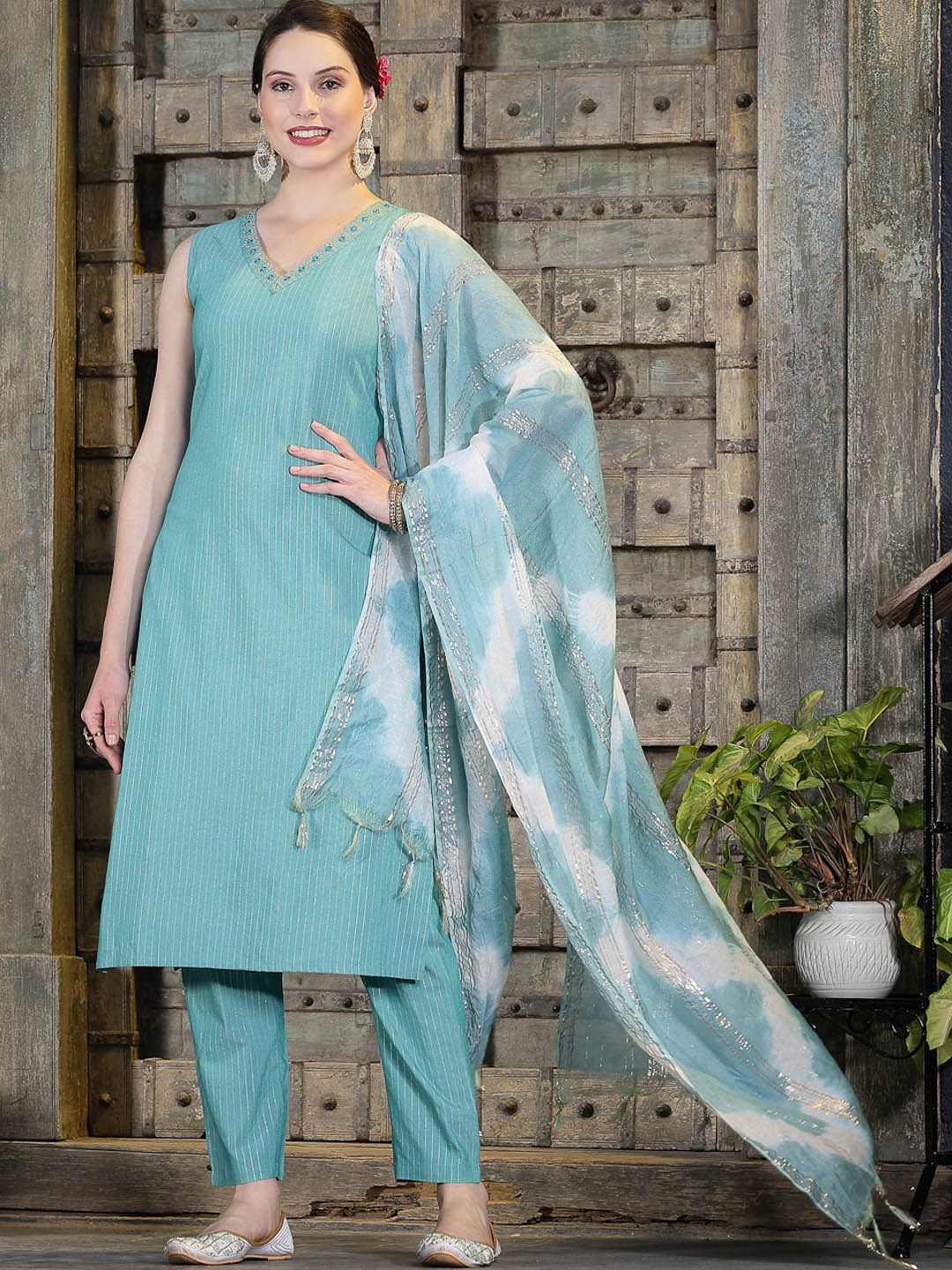 

Stylum Striped Woven Design V-Neck Beads and Stones Straight Kurta With Trousers & Dupatta, Green