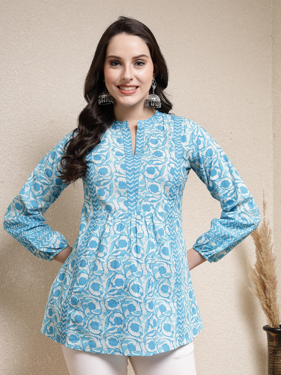 

Stylum Turquoise Blue Floral Printed Mandarin Collar Indigo Cotton Top
