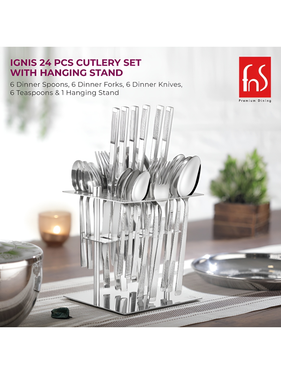 

FNS Ignis Silver Toned 24 Pieces Stainless Steel Fork Knives & Spoons Cutlery Set