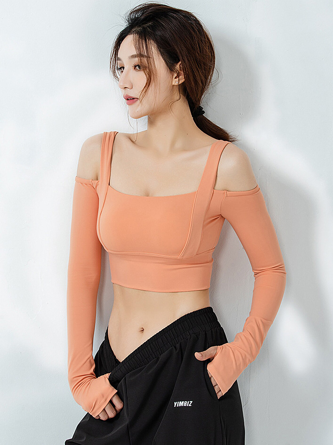 

LULU & SKY Cold-Shoulder Sleeves Cut Out Fitted Crop Top, Orange