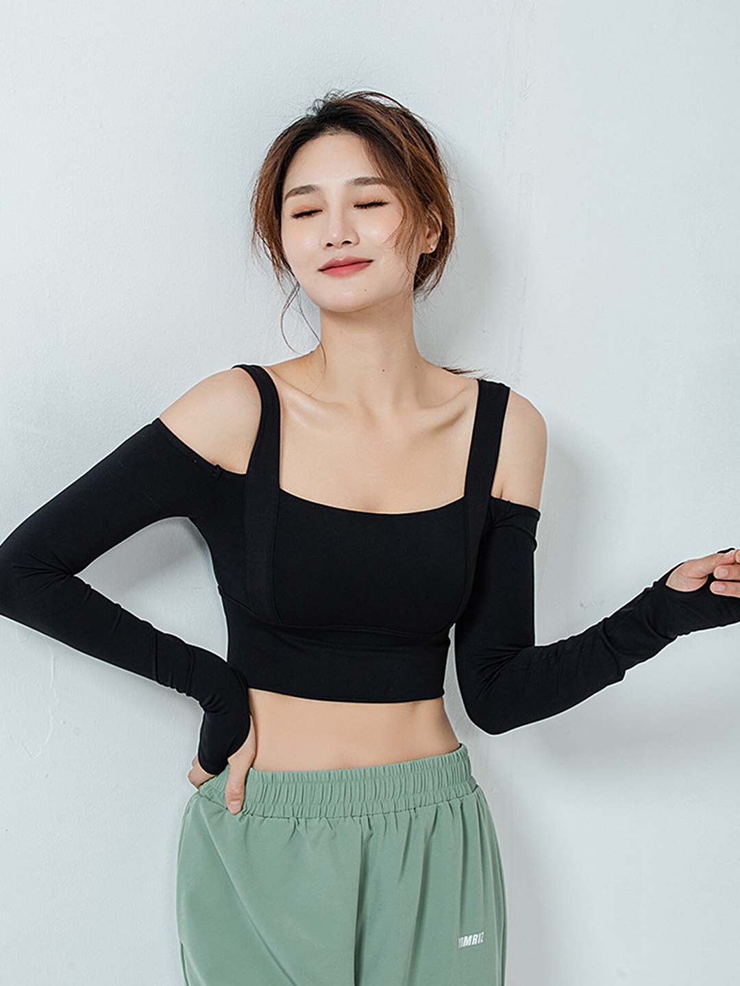 

LULU & SKY Cold-Shoulder Fitted Crop Sports Top, Black