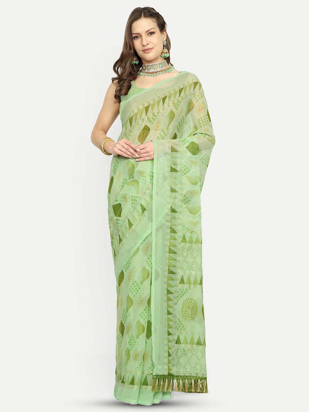 

Aardiva Geometric Printed Pure Chiffon Saree, Green