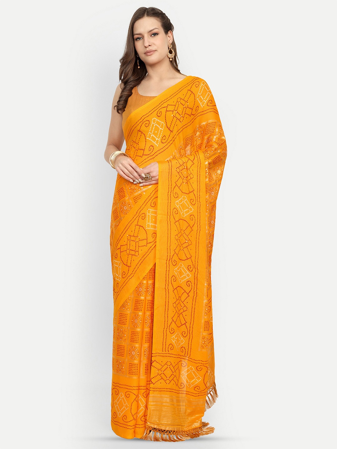 

Aardiva Bandhani Pure Chiffon Saree, Yellow