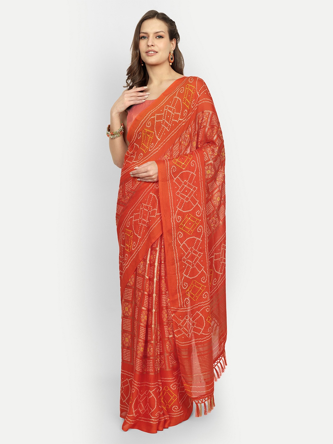 

Aardiva Bandhani Pure Chiffon Saree, Orange