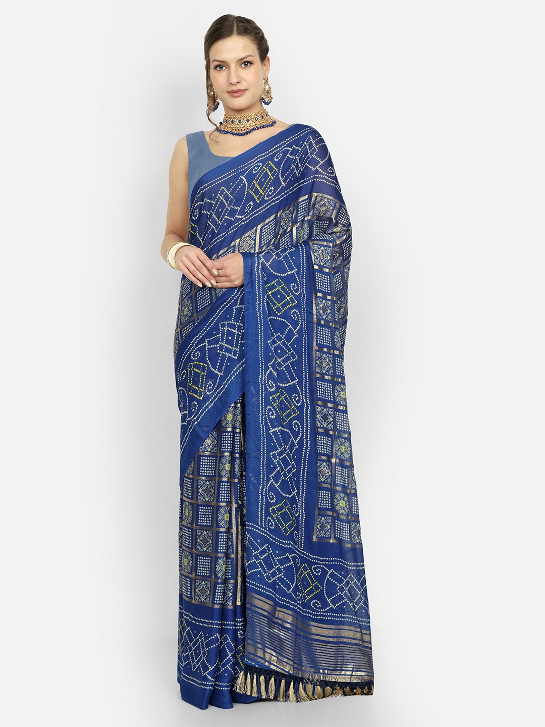 

Aardiva Bandhani Pure Chiffon Saree, Navy blue