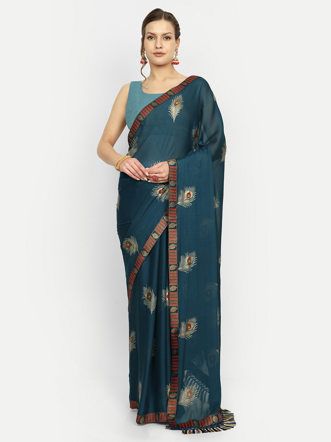 

Aardiva Ethnic Motifs Pure Georgette Saree, Turquoise blue