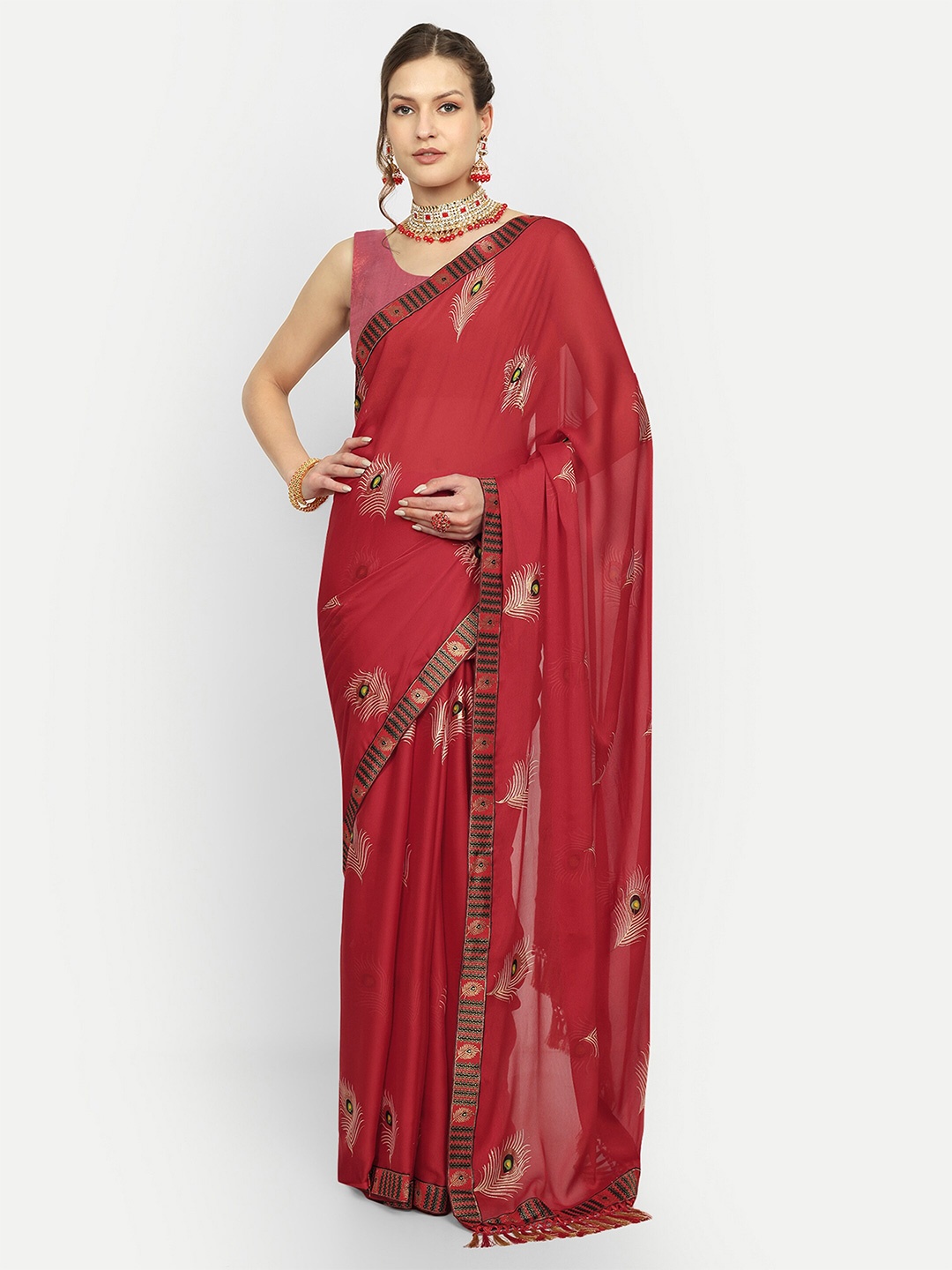

Aardiva Ethnic Motifs Zari Pure Georgette Saree, Red