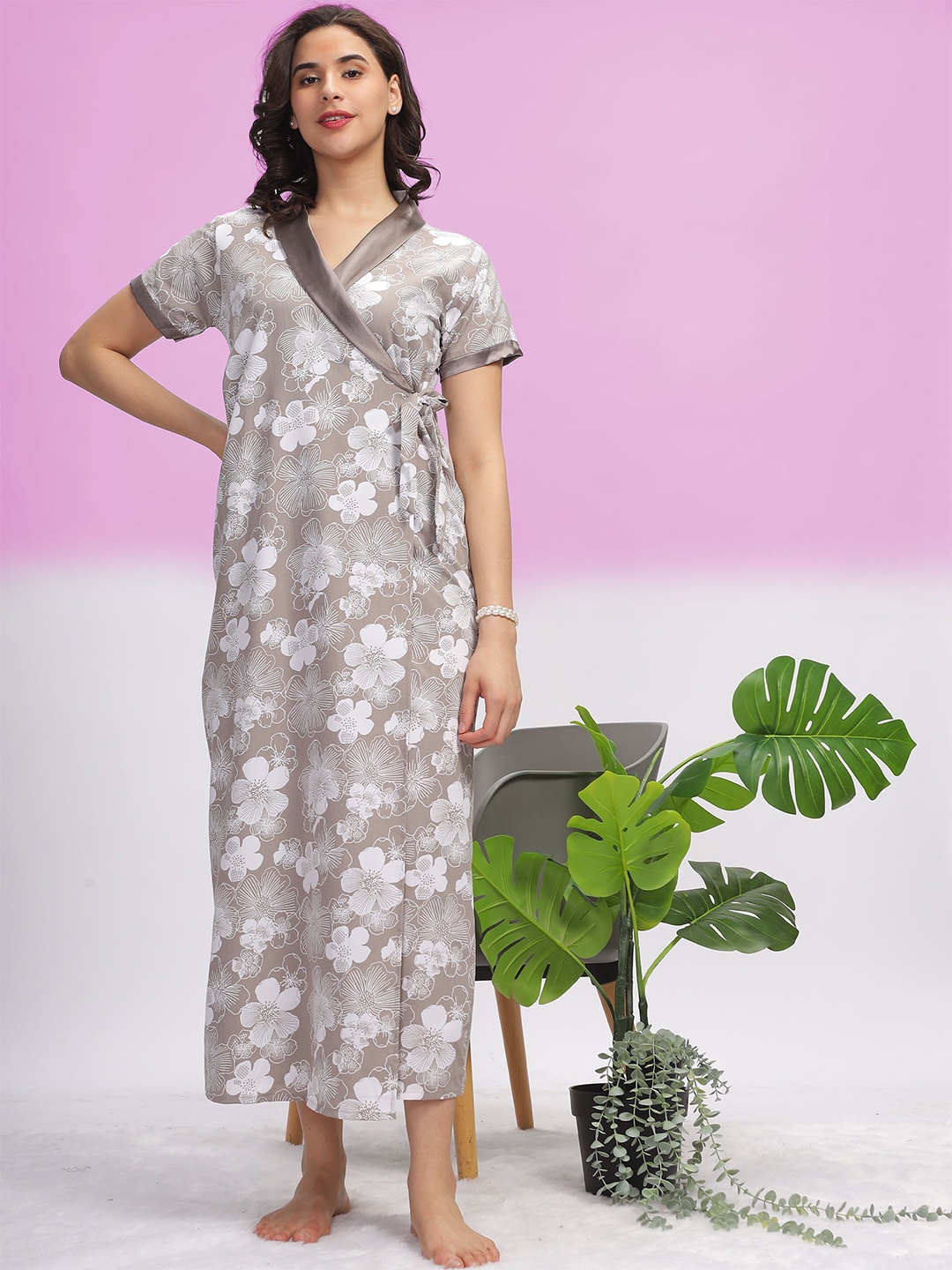 

9shines Label Floral Printed V-Neck Maxi Nightdress, Grey